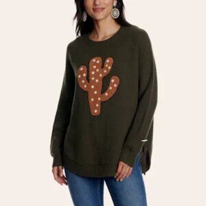 Rockin' C Cactus Sweater Western Texas Concho Oversize Olive Green Knit Pullover